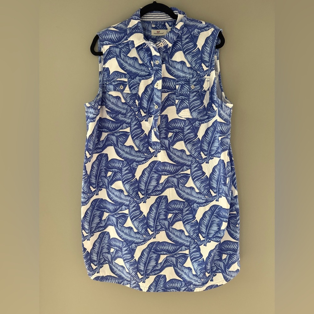 Vineyard Vines Blue Leaf-Print Sleeveless Mini Dress